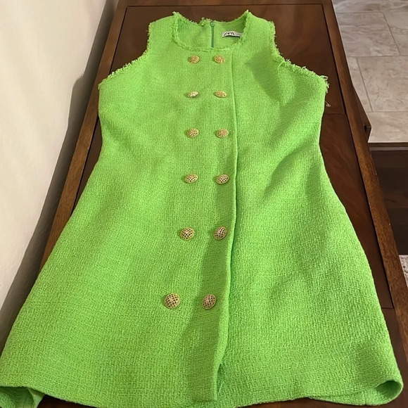 ZARA Tweed Green Dress Gold Medium - Picture 8 of 11